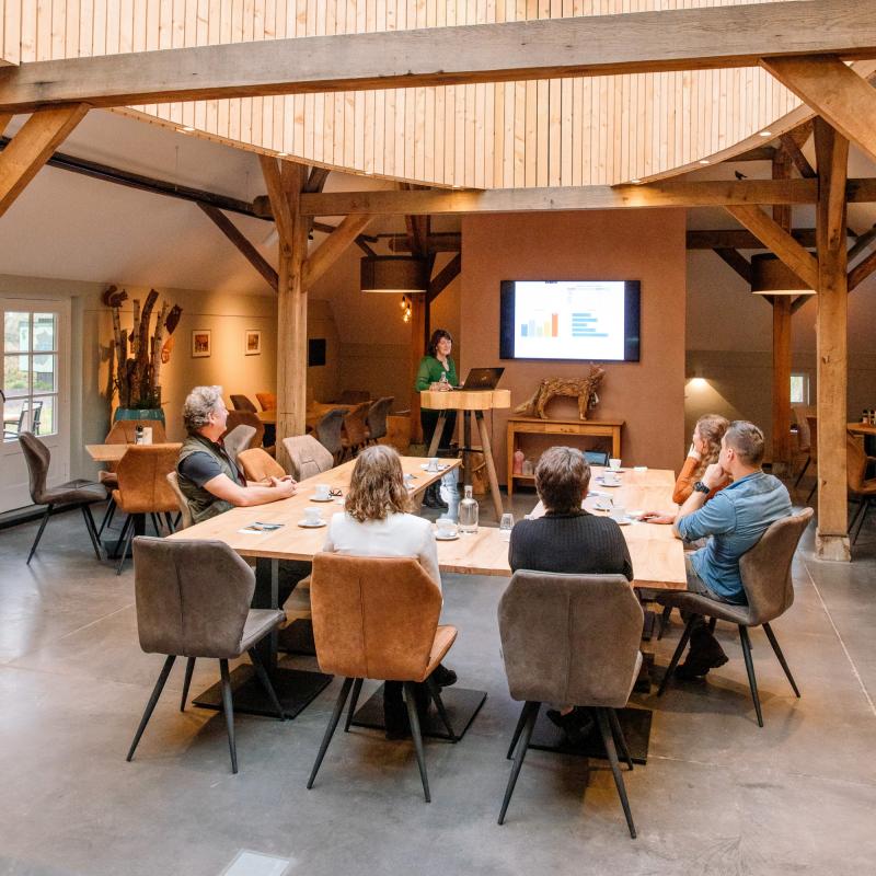 Mensen aan tafel die naar persoon kijken die presenteert met een tv-scherm
