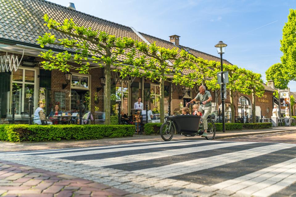 Man met kinderen in bakfiets op straat naast terras met bomen