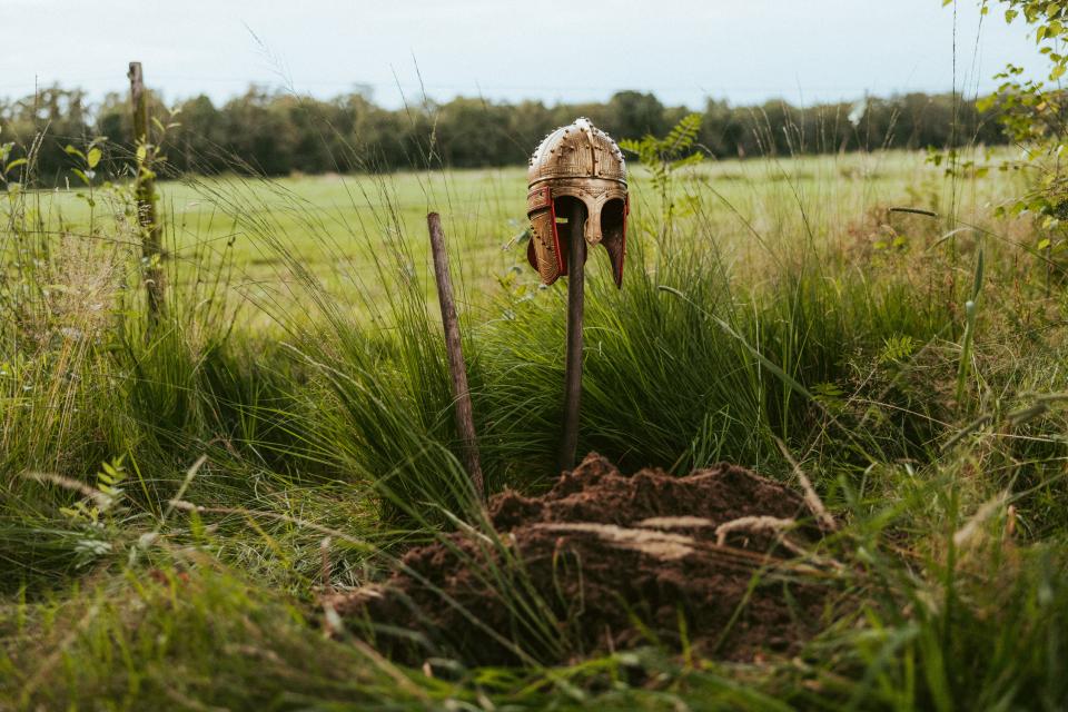 Gouden helm op paal naast wei in natuur