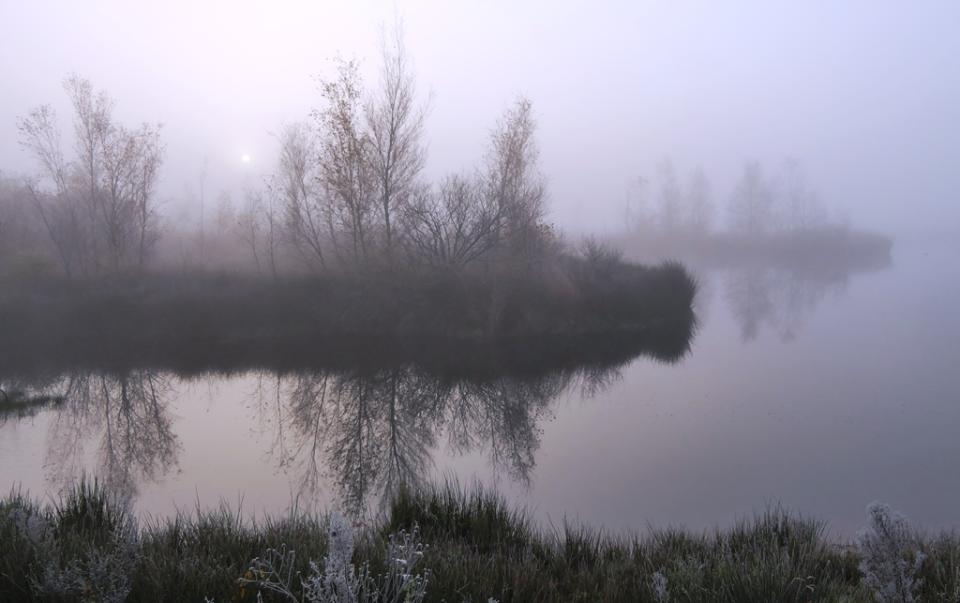 Mistig landschap bij water
